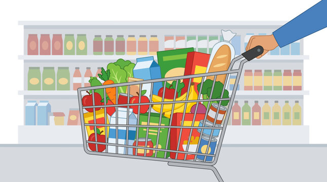 Hand pushing a full grocery cart down a supermarket aisle filled with food and drinks