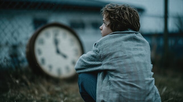 Boy sitting on grass gazing at old rusty clock in fenced outdoor area. Child contemplating passage of time. Nostalgic scene evoking childhood memories and fleeting moments of reflection in abandoned