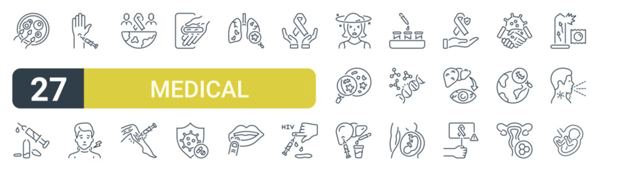 Set of 27 outline Medical Treatment icons for modern UI, landing pages and digital services. Editable stroke collection with insemination, vaccine, mantoux test, drug, bacteria research and early.