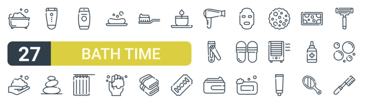 Set of 27 outline Bath Time icons for modern UI, landing pages and digital services. Editable stroke collection with bathtub, hand, electric razor, bubble, Nail clipper and toothpaste.