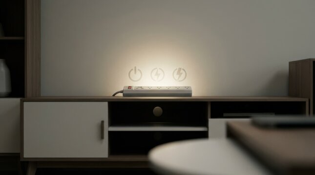 Medium shot of a surge protector radiating gentle light highlighting power protection symbols behind a modern entertainment center featuring simplified furniture shapes