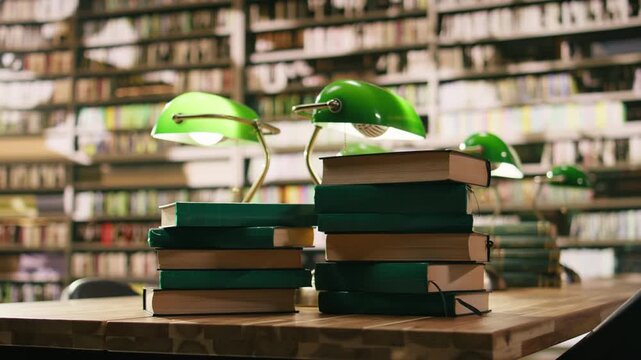 Stack of books placed on empty library table with green lamps near bookshelves, copy space scene for education and digital learning projects.