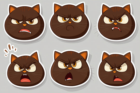 Set of angry dark brown cartoon cat stickers with various furious facial expressions vector illustration