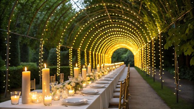 Romantic outdoor wedding dinner table setting with candles and flowers