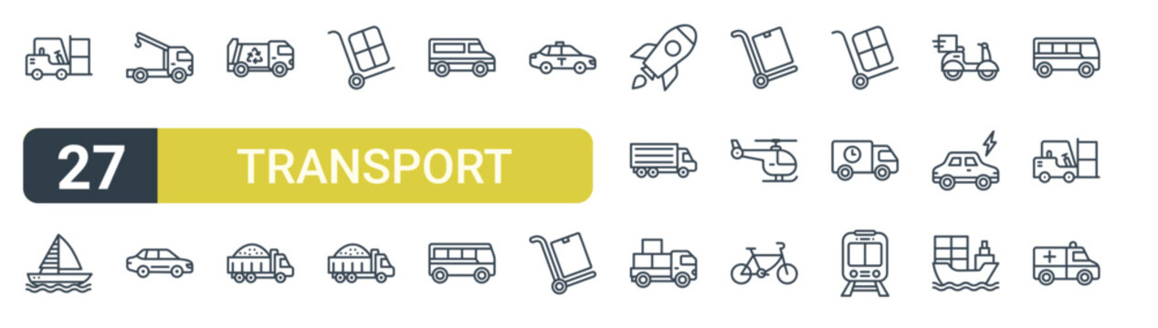 Set of 27 outline Transport icons for modern UI, landing pages and digital services. Editable stroke collection with forklift, boat, tow truck, truck, cargo truck and train.