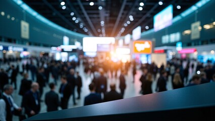 Naklejka premium Blurred International Trade Fair Expo Booth with Large Crowd