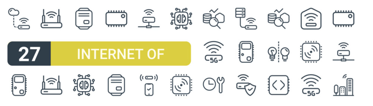 Set of 27 outline Internet of Things icons for modern UI, landing pages and digital services. Editable stroke collection with cloud commputing, chip, wifi, Wearable, 5g and firmware.