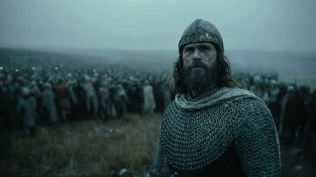 Medieval warrior surveying misty army gathering. Man in chainmail and helmet facing torchlit crowd in foggy field. Historical battle preparation scene in ancient landscape.
