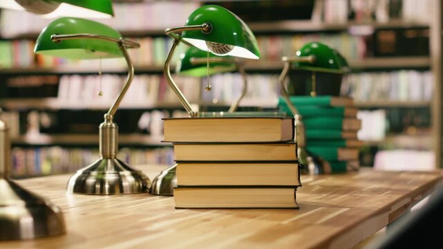 Empty library study table with green lamps and stacked books near bookshelves, establishing shot creating warm academic scene for learning and study, empty quiet room with wooden desk.