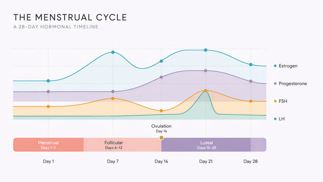 Female Menstrual Cycle 28 Day Hormone Timeline Infographic. Modern medical infographic showing the female menstrual cycle with hormone waves and four phase timeline across 28 days.