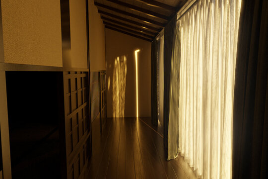 3D Rendering of a Japanese wooden corridor with shoji sliding doors and shikkui plaster in the evening sunlight