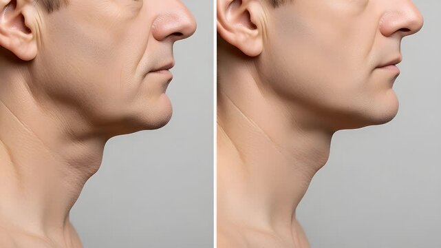 Comparison of male jawline profile before and after cosmetic treatment showing clear reduction of excess fat under the chin and improvement in overall skin tone tightness