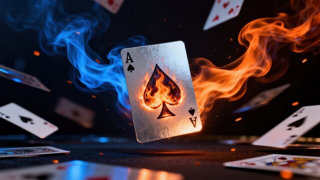 Playing card with flames and smoke
