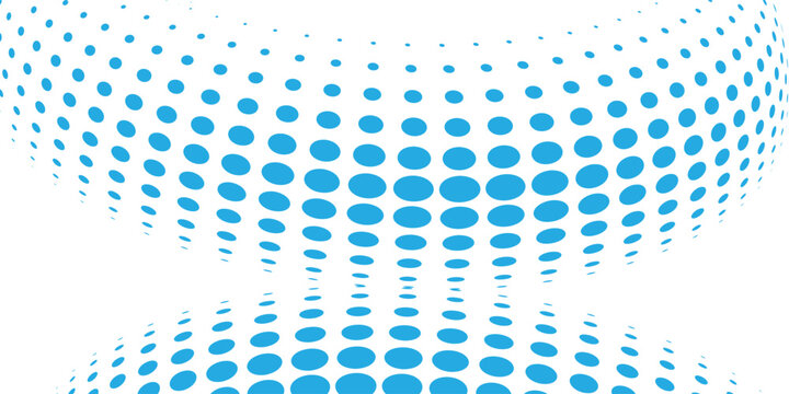 Abstract white background with blue halftone dot curved shapes. Modern minimalist backdrop with dynamic 3d geometric spherical ring vector.