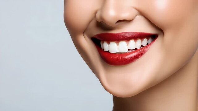 Beautiful young woman wearing vibrant red lipstick showing off a bright and healthy smile with perfectly straight white teeth for a clean dental health concept