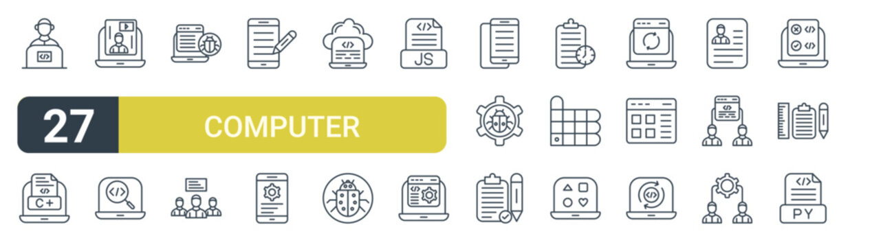 Set of 27 outline Computer Programming icons for modern UI, landing pages and digital services. Editable stroke collection with developer, coding language, custom features, app development, debug