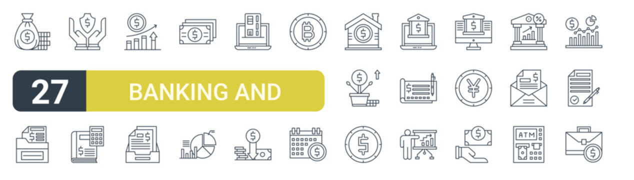 Set of 27 outline Banking and Finance icons for modern UI, landing pages and digital services. Editable stroke collection with money bag, folder, insurance, pie chart, money and salary.