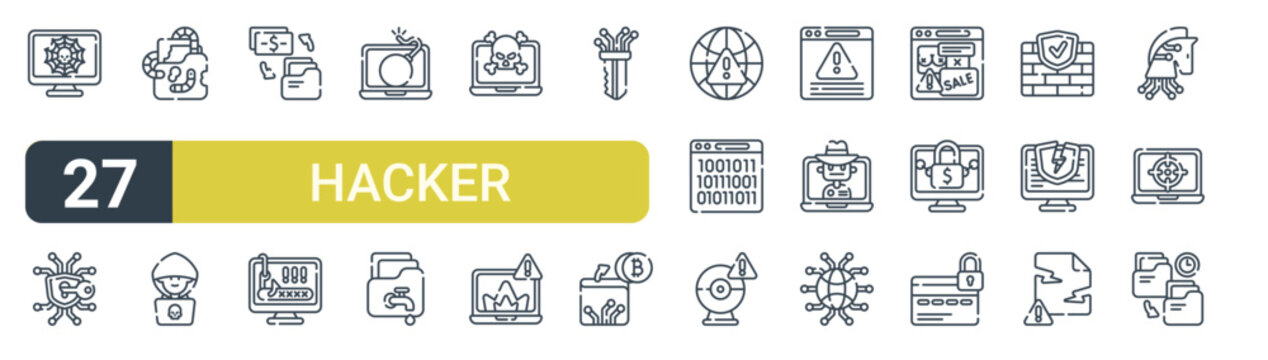 Set of 27 outline Hacker icons for modern UI, landing pages and digital services. Editable stroke collection with dark web, breaking, worm, data leak, binary code and security payment.