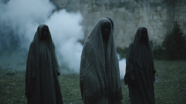 Hooded women standing mysteriously in misty ancient ruins. Cloaked figures gathered around fire near stone archway. Historical ritual scene evoking medieval sorcery and folklore.