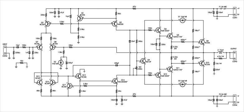Schematic diagram of electronic device 
on paper sheet. Vector drawing electrical circuit with 
transistor, capacitor, resistor, induction coil, connector,
led indicator, other components.