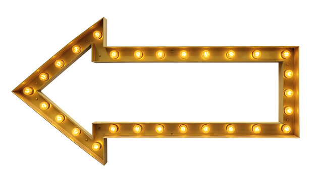 Vintage golden marquee arrow sign illuminated with warm glowing light bulbs pointing distinctly to the left&nbsp;
