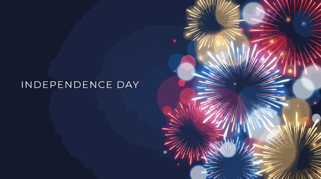 Independence Day celebration poster with colorful fireworks. Vibrant bursts on dark blue background. Vector illustration