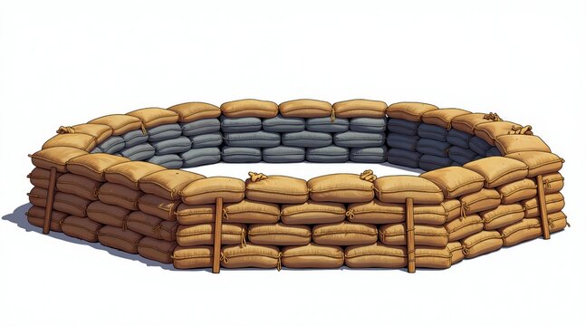 Circular sandbag fortification protects against attack. Military defence structure built with stacked sandbags and wooden supports. Employs earthen bags for protection.