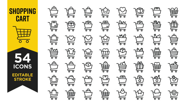 Collection of fifty four minimalist black shopping cart line art icons on a white background
