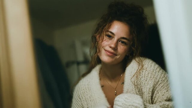 Serene Close-Up Portraits of a Smiling Woman in Cozy Knitwear