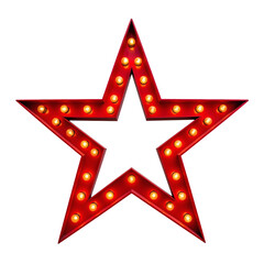 Fototapeta premium A vibrant red five-pointed star sign with glowing vintage light bulbs illuminating its edges, creating a retro marquee effect, perfect for celebrations, events, or theatrical design&nbsp;