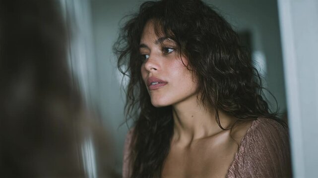 Woman with curly dark hair gazing into mirror with serene closed eyes then thoughtful side glance and direct look