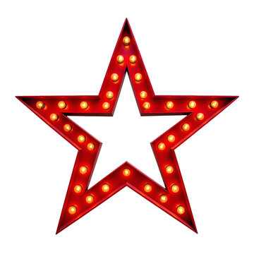 A vibrant red five-pointed star sign with glowing vintage light bulbs illuminating its edges, creating a retro marquee effect, perfect for celebrations, events, or theatrical design&nbsp;