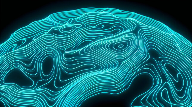 A glowing cyan topographic map design featuring intricate neon light lines forming a three dimensional spherical landscape on a dark black background