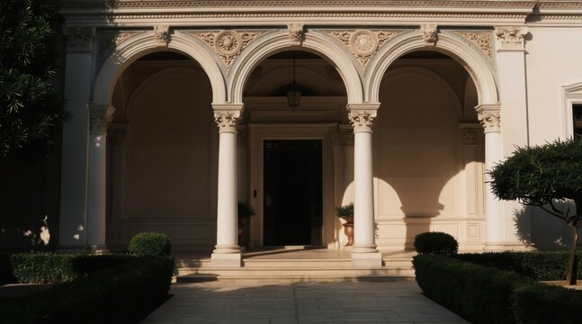Grand villa entrance with arches columns and marble details. Elegant building exterior features manicured garden and classic architecture design. Luxurious estate facade is sunlit.