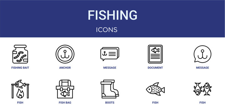 Set of 10 thin line Fishing icons for dashboards, websites and mobile app layouts. Editable outline vector pack featuring fishing bait, message, message, fish bag and fish.
