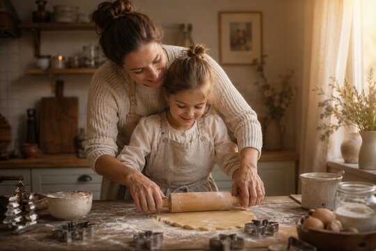 Mutter und Tochter rollen gemeinsam Pl&auml;tzchenteig aus. Liebevolle Familienzeit in der Weihnachtsb&auml;ckerei mit warmem Licht, Adventsstimmung und traditionellem Weihnachtsbacken.