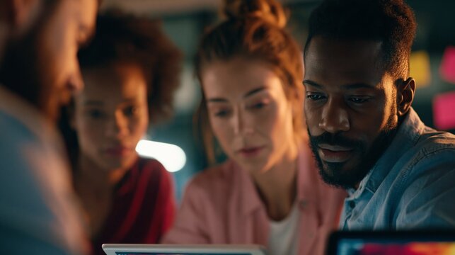 Medium shot of a diverse microfinance team analyzing AIgenerated risk heatmaps on tablets with warm lighting highlighting focused faces and blurred sticky notes in the background.