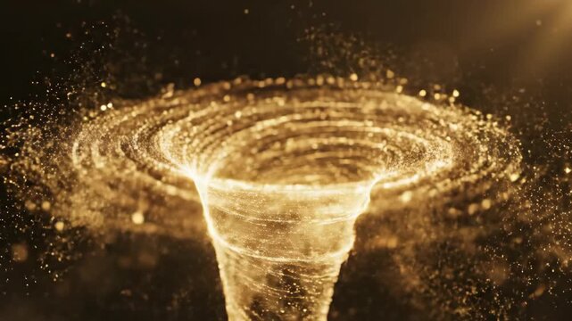 Swirling Vortex of Glowing Gold Dust Particles in Dark Magical Atmosphere