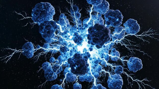 Frozen Particle Physics Explosion of Blue Spheres and Glowing Electrical Tendrils