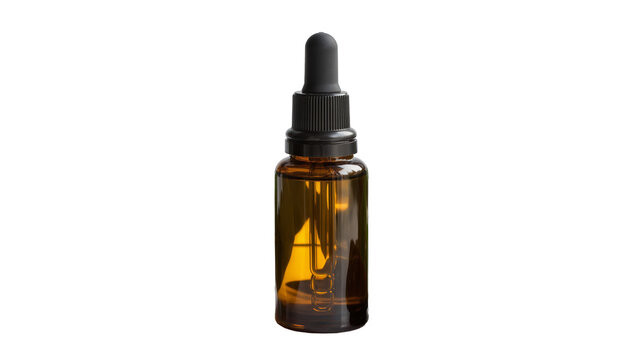 Isolated amber glass dropper bottle with black cap and liquid for cosmetic products