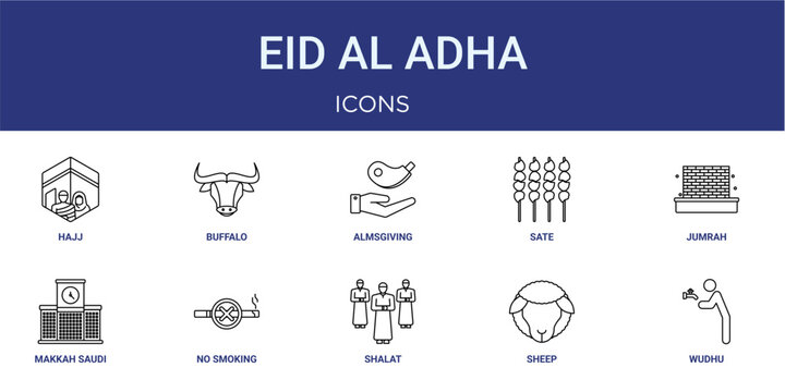 Set of 10 thin line Eid Al Adha icons for dashboards, websites and mobile app layouts. Editable outline vector pack featuring hajj, Almsgiving, jumrah, no smoking and wudhu.
