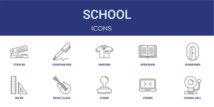 Set of 10 thin line School icons for dashboards, websites and mobile app layouts. Editable outline vector pack featuring stapler, uniform, sharpener, music class and school bell.
