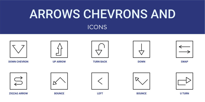 Set of 10 thin line Arrows Chevrons and Directions icons for dashboards, websites and mobile app layouts. Editable outline vector pack featuring down chevron, turn back, swap, bounce and u turn.