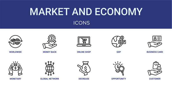 Set of 10 thin line Market and Economy icons for dashboards, websites and mobile app layouts. Editable outline vector pack featuring worldwide shipping, online shop, business card, global network