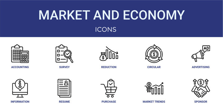 Set of 10 thin line Market and Economy icons for dashboards, websites and mobile app layouts. Editable outline vector pack featuring accounting, reduction, advertising, resume and Sponsor.