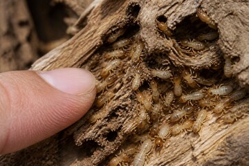 Fototapeta premium Finger gently touches a swarm of termites inside decaying wood. The insects move actively through the crumbling bark. Their pale, segmented bodies contrast with the brown, rough texture