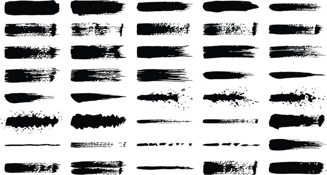 Black paint brush stroke collection. Rough artistic swashes with grunge texture edges. Vector hand drawn design elements