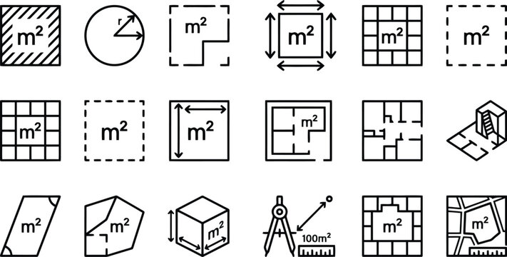 Area measurement icon collection. Various square meter symbols and dimension indicators. Simple geometric vector elements