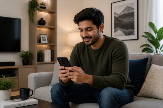 Man smiles while using smartphone at home. Cozy living room features soft lighting and plants. He sits relaxed on couch, engrossed in screen. Warm atmosphere suggests leisure or personal connection