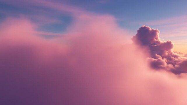 Aerial view of pastel pink and purple fluffy cumulus clouds at sunset. Soft blue sky background with warm golden light on the horizon. Detailed atmospheric cloudscape from high altitude.